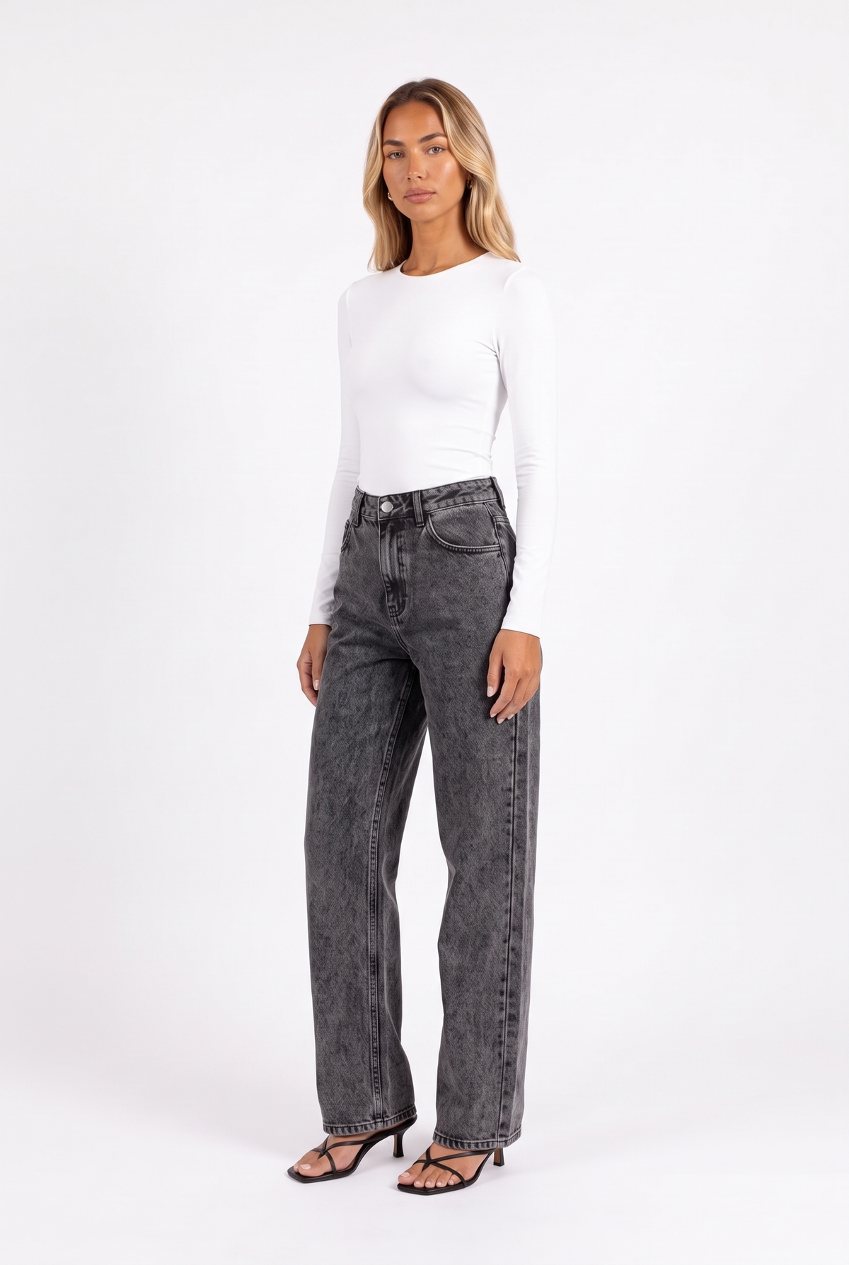 Charcoal acid-wash high-waist wide-leg jeans — three-quarter